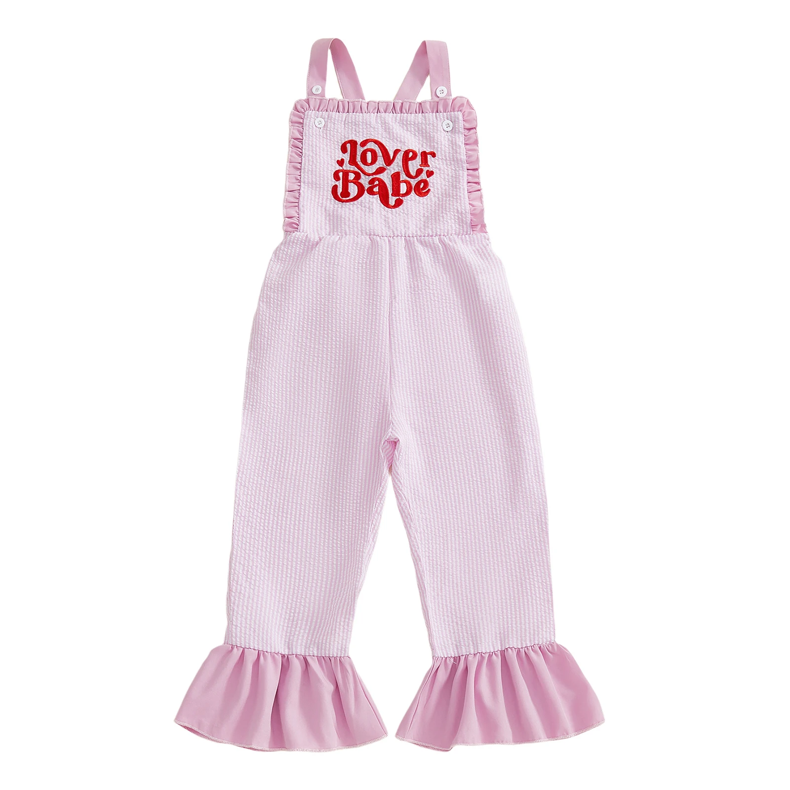 Cute Baby Girls Autumn Striped Jumpsuit with Embroidered Letters and Ruffled Bell Bottoms Sleeveless Overall