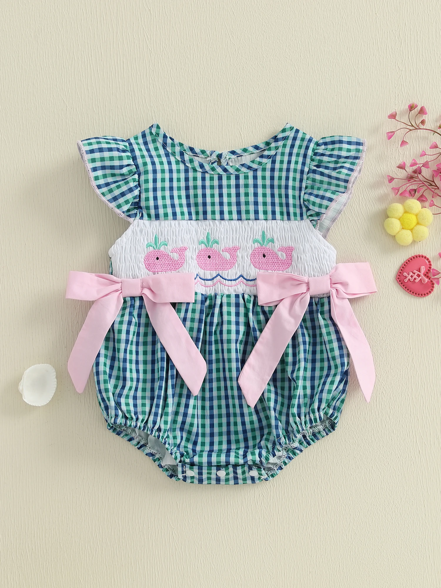 Cute Baby Girls Rompers with Adorable Dolphin Embroidery and Plaid Design Featuring Round Neck and Fly Sleeve for Infants