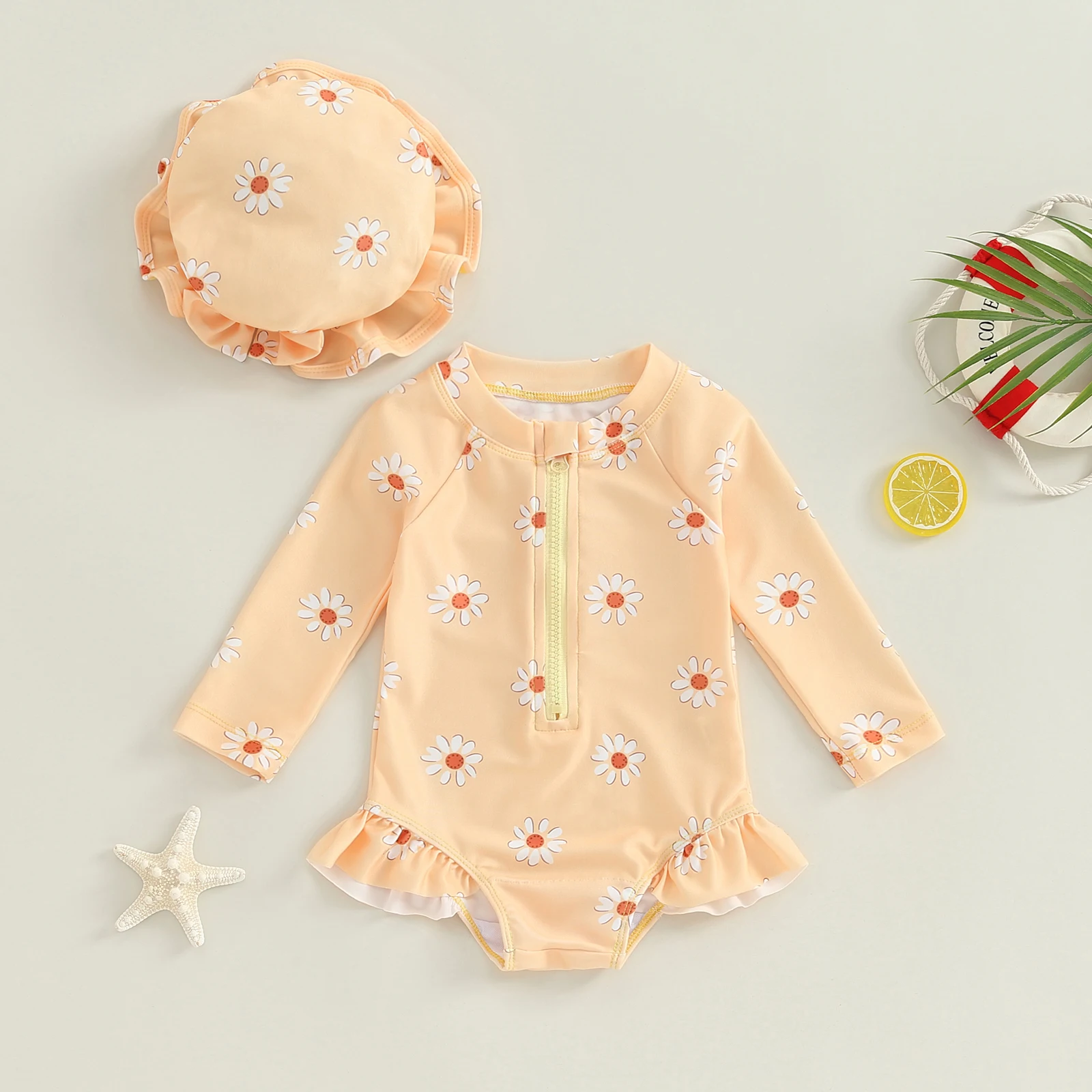 Baby Girls Swimsuit, Long Sleeve Flower Print Zipped Bikini with Hat Newborn Swimwear for Summer Bathing