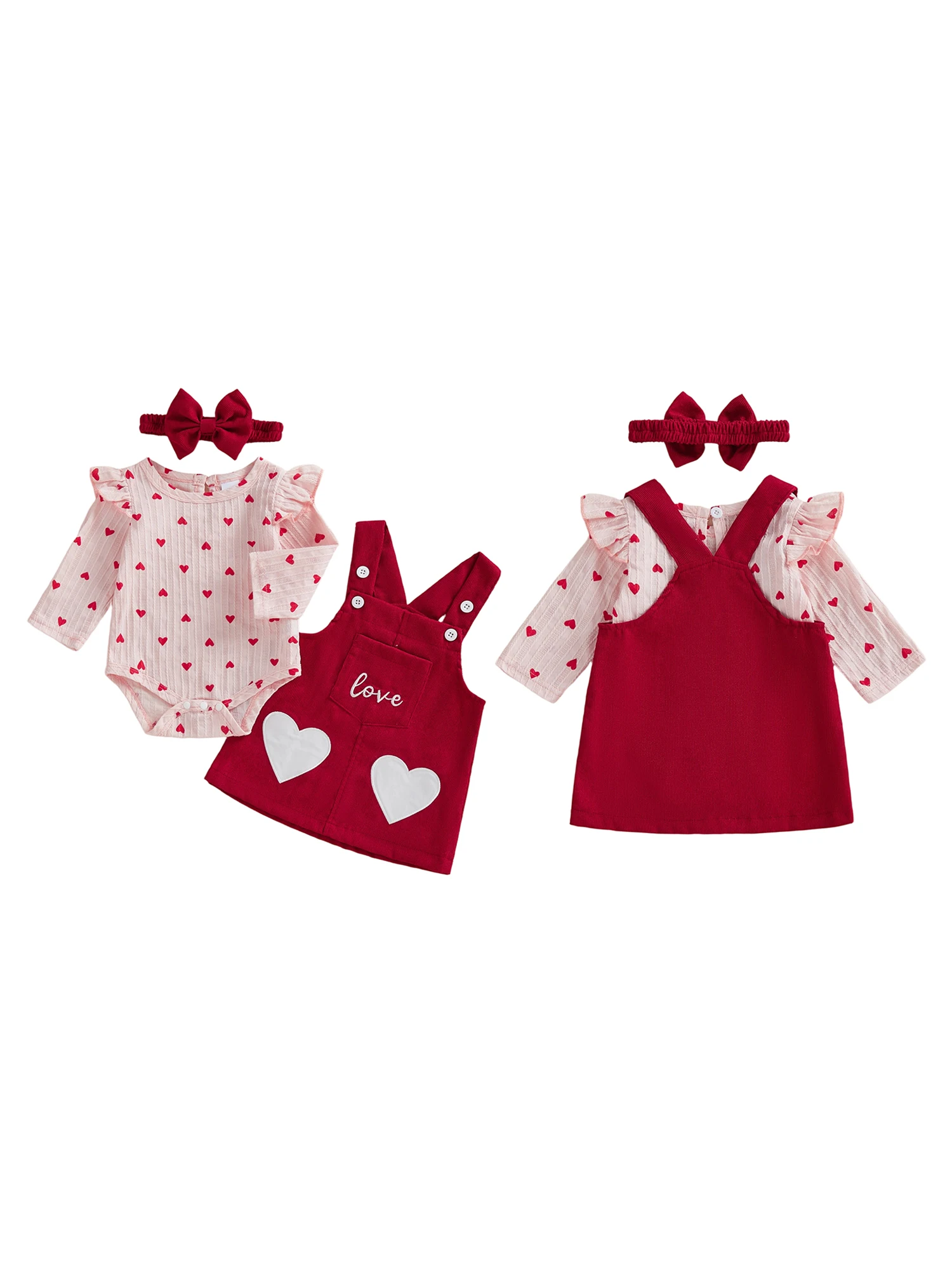 Adorable Baby Girls Valentine s Day 3 Piece Outfit Set with Heart Print Jumpsuit Bow Headband and Overall Dress - Long Sleeve