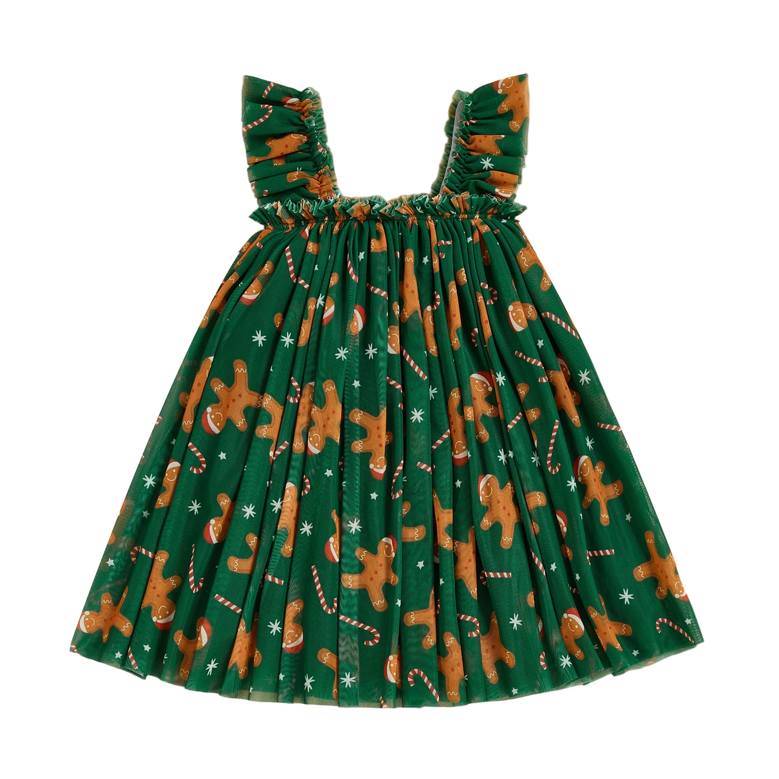 Christmas Toddler Girl Dress with Festive Gingerbread Man Print Sleeveless Square Neck Design and Tulle Skirt