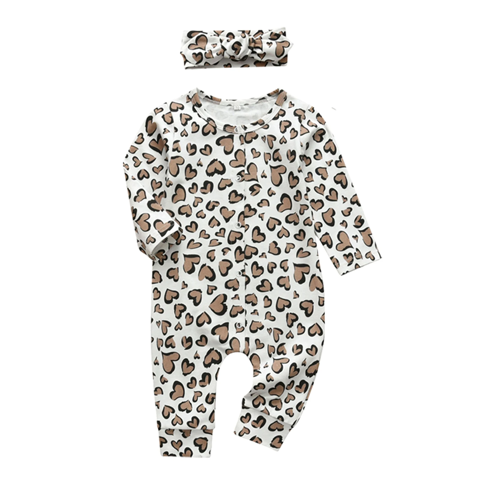 Infant Baby Girls Romper Hearts Print Long Sleeve Jumpsuit with Headband