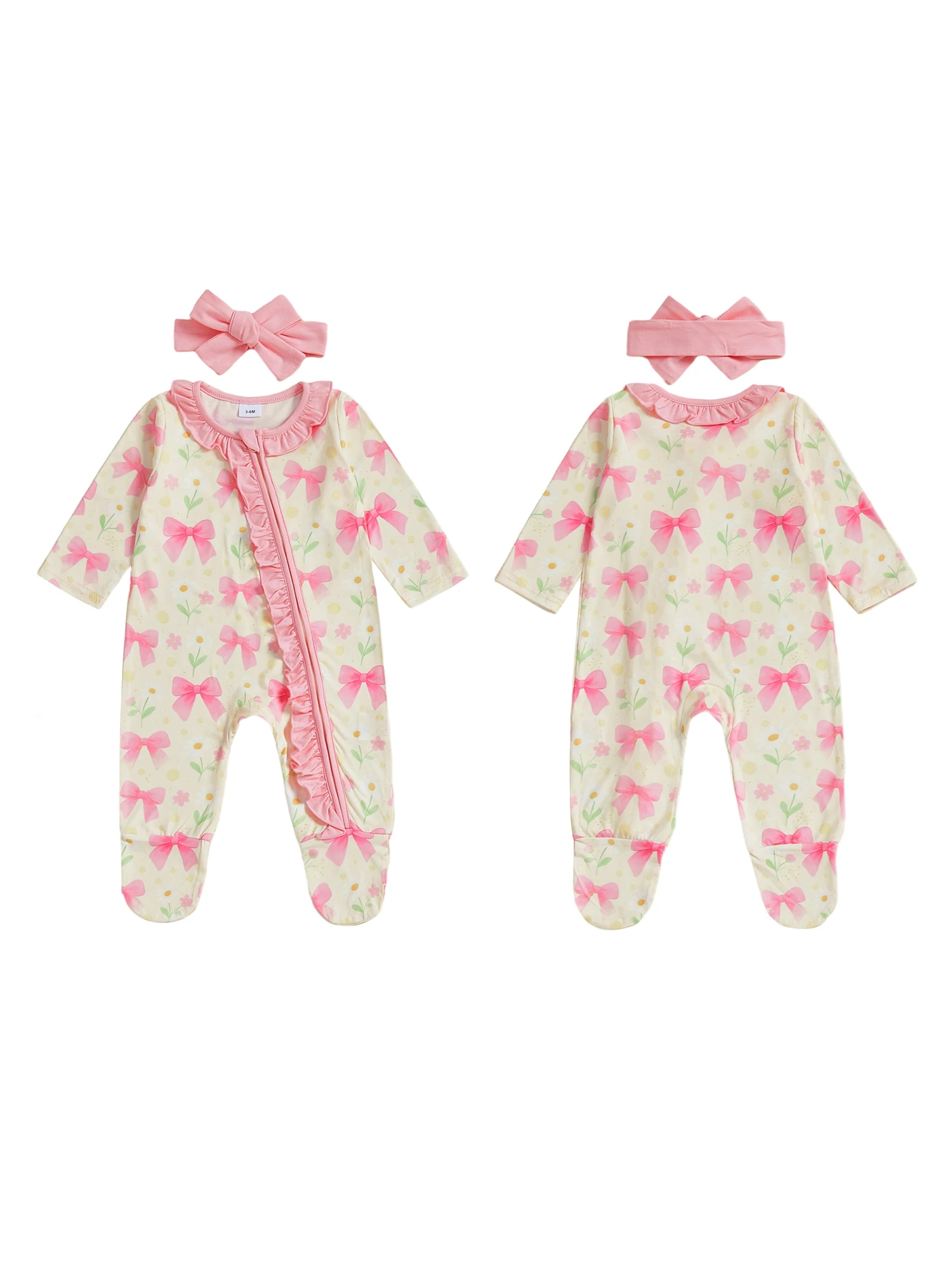 Adorable Infant Girl Pink Romper Set with Matching Headband Long Sleeves Floral Print and Ruffled Details - Zip Up Jumpsuit