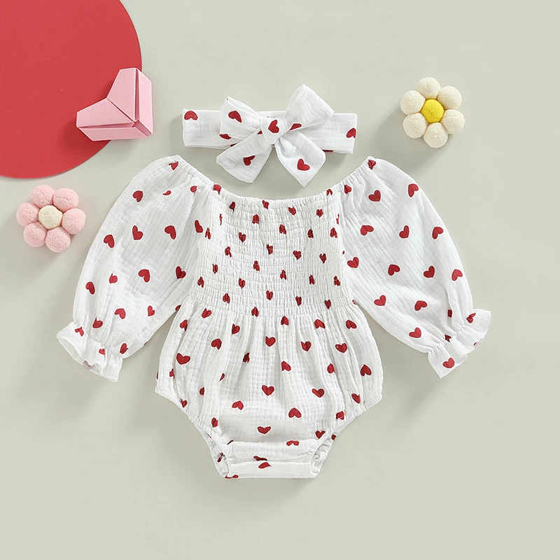 New Baby Girls Valentine's Day Romper Heart Print Long Sleeve Boat Neck Jumpsuits Infant Lovely Bodysuits with Headband Clothes